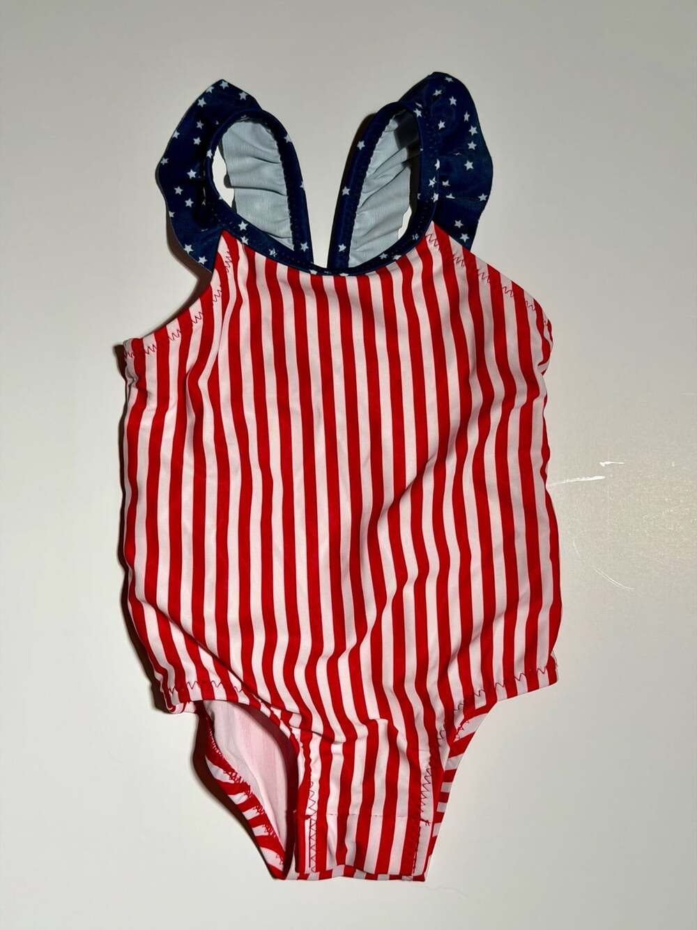 OshKosh B'gosh One-Piece Swimsuit Size 6M Red White Striped Stars Ruffle